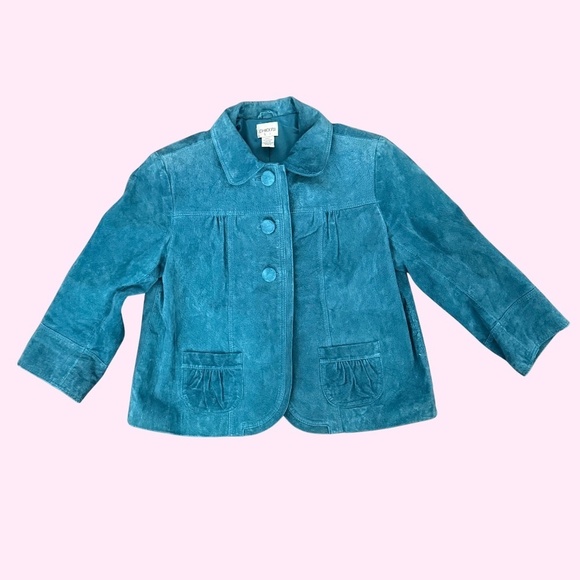 VTG Chico's Genuine Suede Teal Cropped Pea Coat Style Exaggerated Button Jacket - Picture 2 of 11